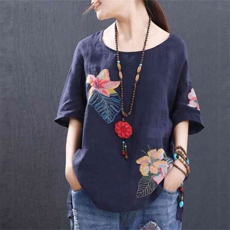 Summer Style Cotton Linen Tops Plus Size Floral Embroidery Vintage Loose Short Sleeve Tshirt Lady O-neck Tee Shirt Big HX01 210512