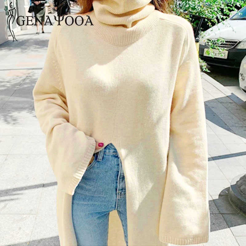 Genayooa Womens Turtleneck Pullover Sweater Long Sleeve Vintage Loose Knit Sweater Split Solid Long Jumper Ladies Korean Style 210809