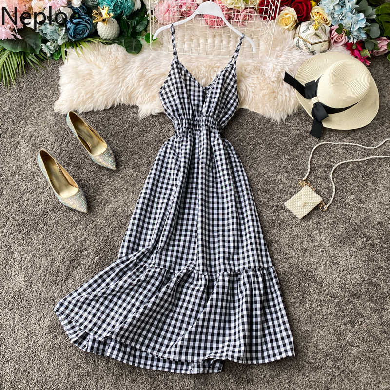 Neploe High Waist Hip Plaid A Line Vestido Holiday Beach Elegant Ruffles Sleeveless Camis Dress V Neck Summer Ropa 1A872 210623