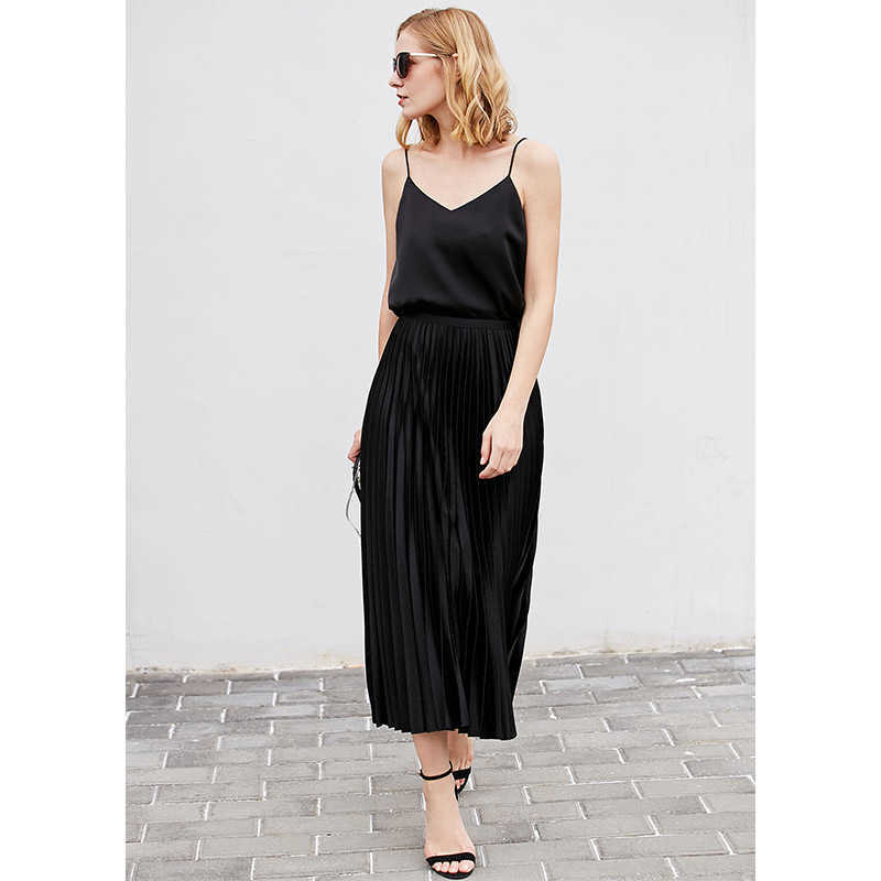 Minimalism Summer Women's Skirt Fashion Solid Pleated Calf-length Black Causal Chiffon 12130275 210527