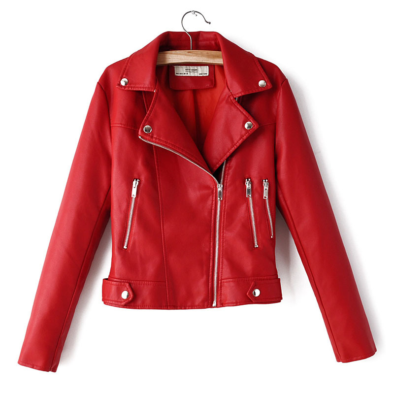 PU Beige Long-sleeved Lapel Simple Basic Locomotive Women's Jacket Autumn Slim Zipper Chic Female Coat Red Black Top 210507