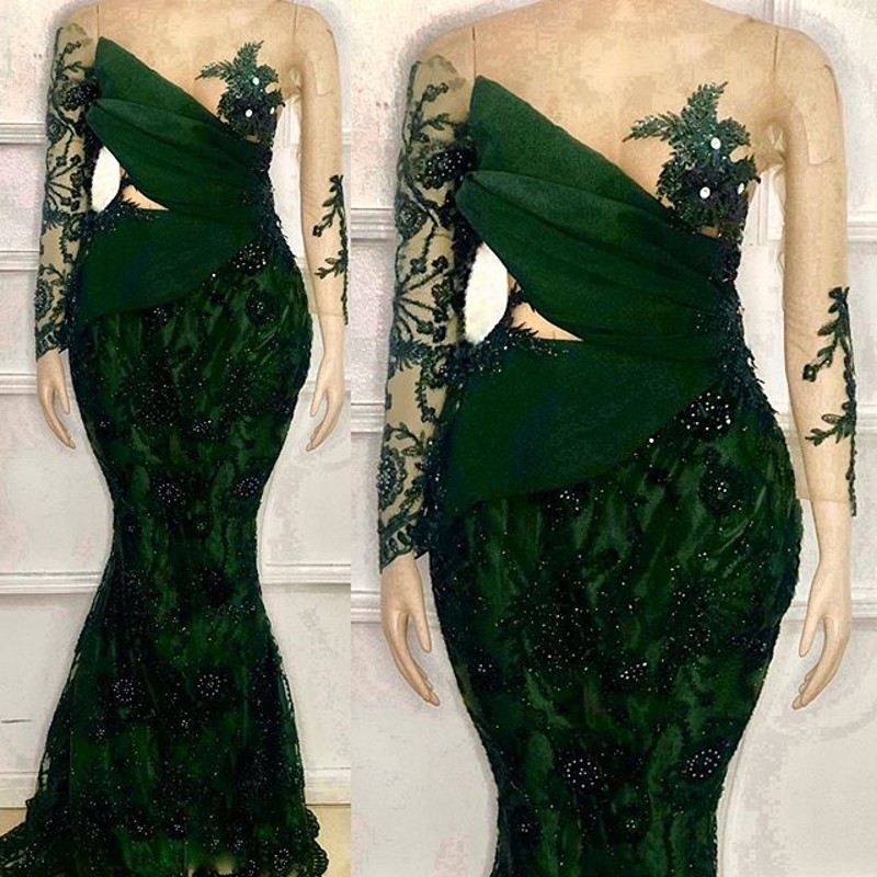 Illusion Long Sleeve Evening Dresses Hunter Green Lace Floral Beaded Mermaid Trumpet robe de bal femme longue African Prom Dress Wear