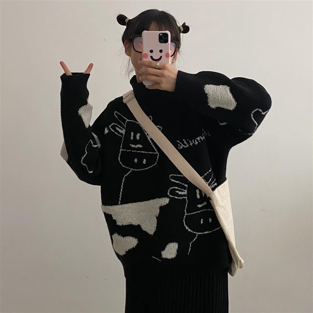 Vintage Casual Cow Print Sweater Women Winter O Neck Loose Lazy Femme Korean Harajuku Knitted Pullover Cute Sweet Jumper 210522