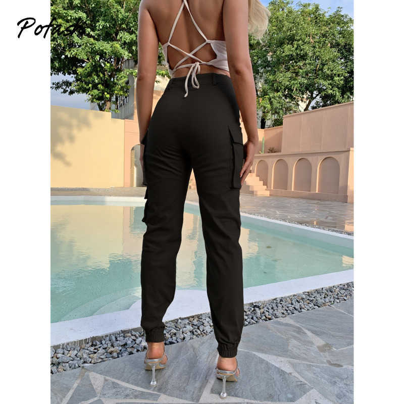 Pofash Solid Black Flap Pocket Cargo Pants Women Clothing Mid Waist Autumn Long Pencil Pants Mujer Slim Zipper Casual Trousers 211006
