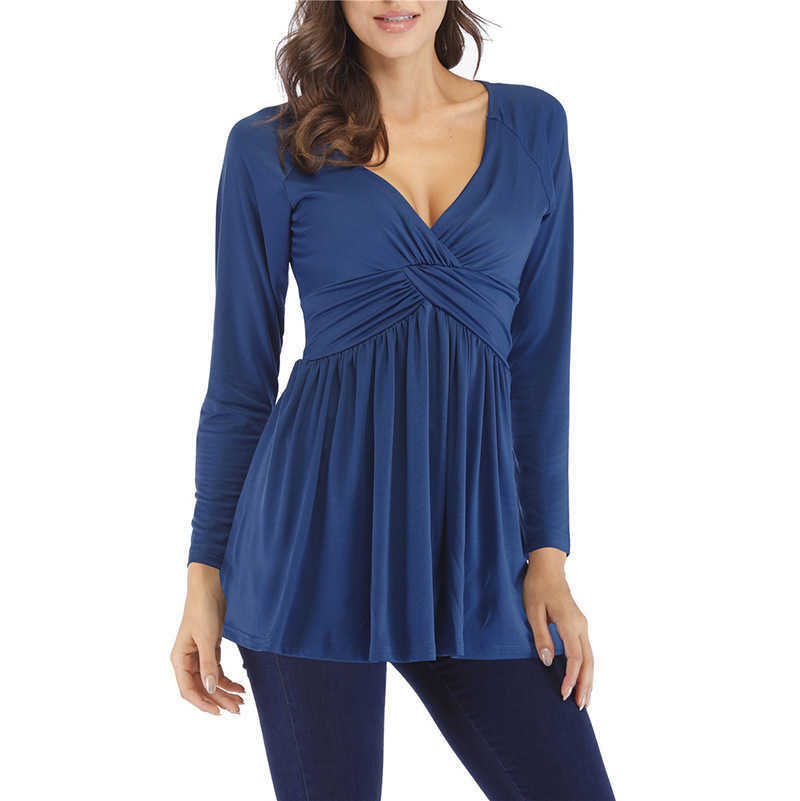 Woman Basic Tshirt Sexy V-neck Long Sleeve Ruched A-line Loose Pullover 90s Women's Oversize T-shirt Streetwear Women Shirt Blue 210604