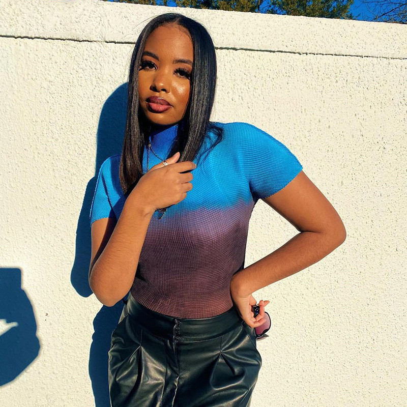 CNYISHE Regular Short Sleeve Gradient T Shirt Women Summer Tops Tees Casual High Neck Streetwear T-shirts Fenale Basic Shirts 210419