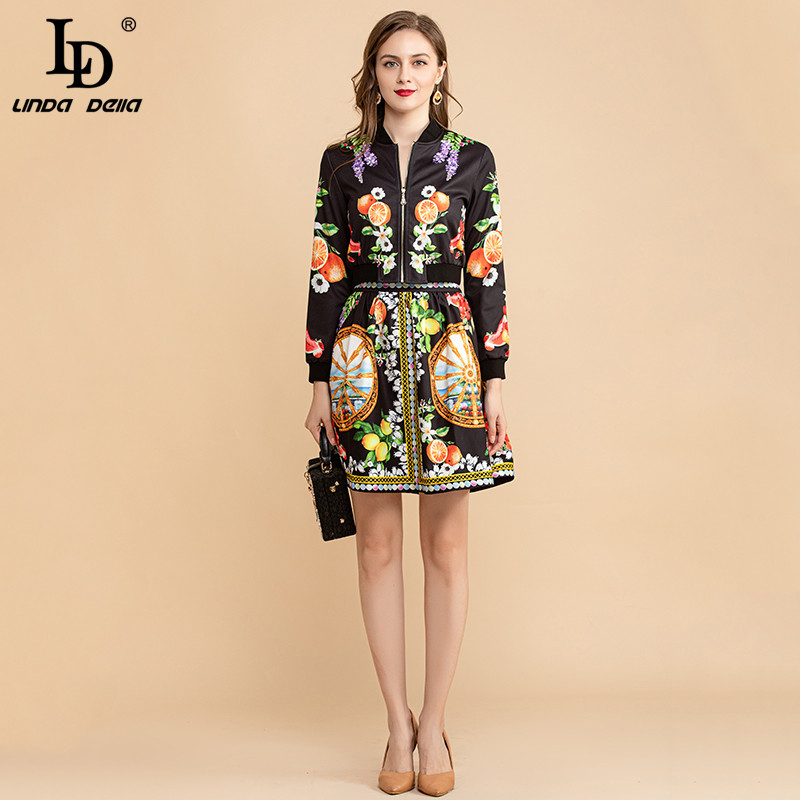 Summer Fashion Skirt Suit Women Elegant Black Jackets and Lemon Flower Print Vintage Mini Skirts 2 Piece Set 210522