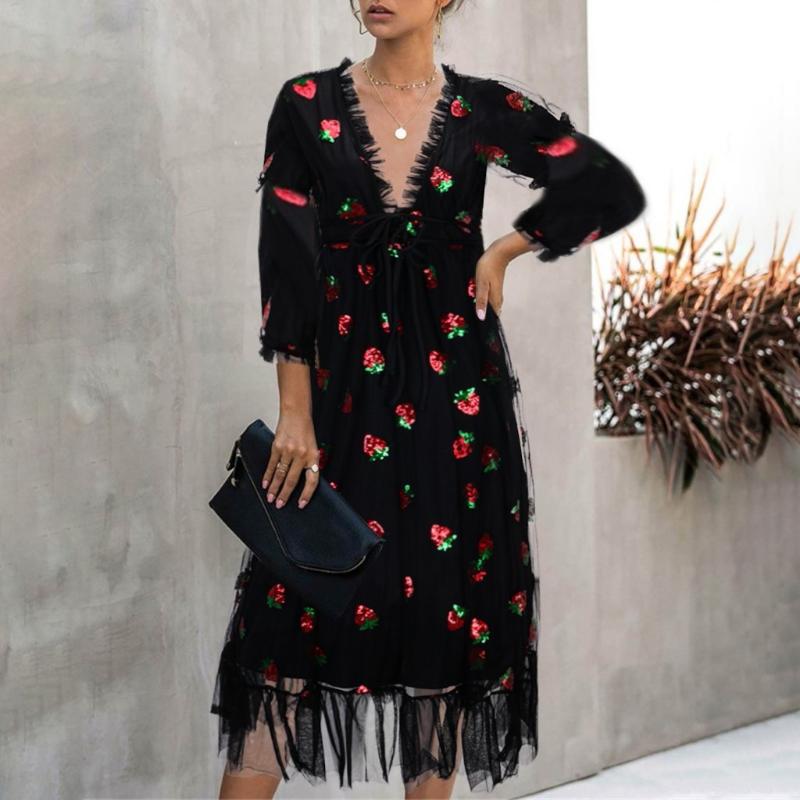 Fashion Women Casual Sexy Strawberry Sweet Dresses Mesh Yarn V-neck Pleated 2021 Sell Ladies Autumn Dresses#D3