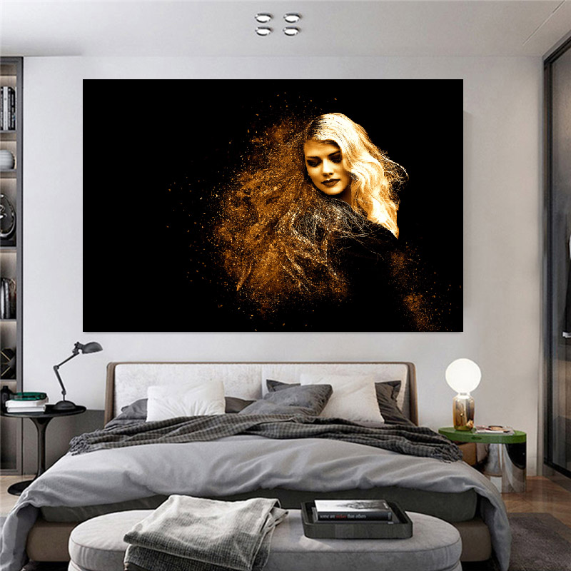 Modern Large Size Golden Woman Painting Canvas Art Wall Picture Abstract Portrait Posters And Prints For Living Room Home Decor