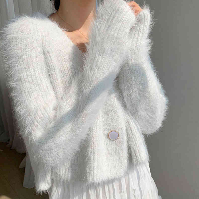 knitted fluffy purple cardigans sweater women long sleeve fuzzy button casual cardigan autumn winter ourfit 210427