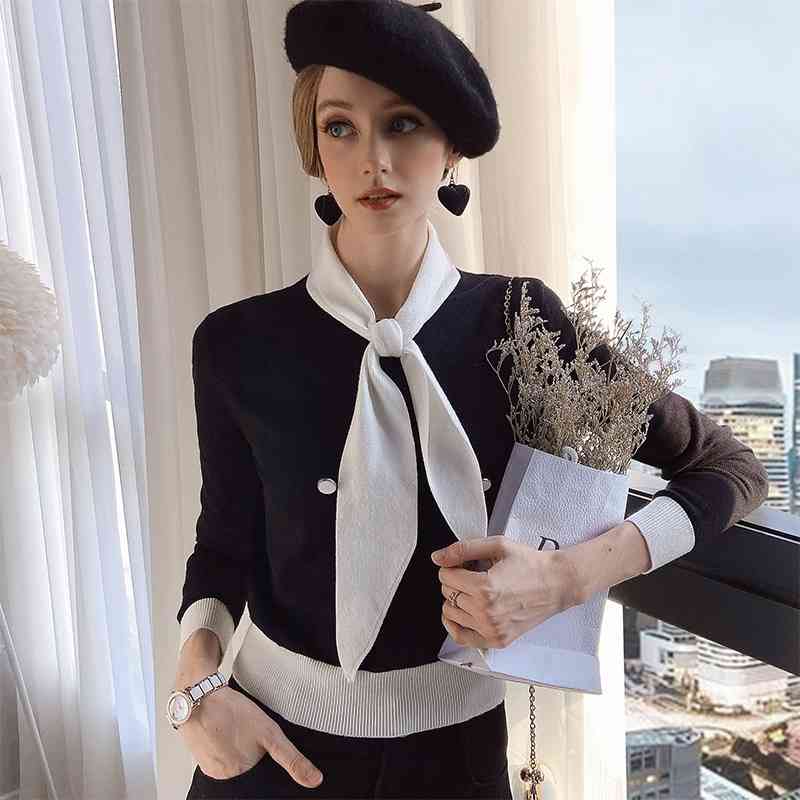 Dabuwawa Knitted Bow Neck Sweater Autumn Winter Long Sleeve Female Sweater Ladies Button Front Pullover Jumpers DT1DKT032 210520