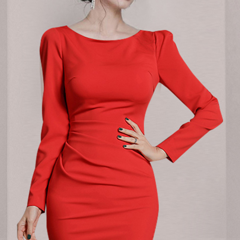 Lucyever Elegant Dress for Party Womens Empire Irregular Split Dresses Woman Autumn Korean Slim Mid-calf Red Dress Femme 210521