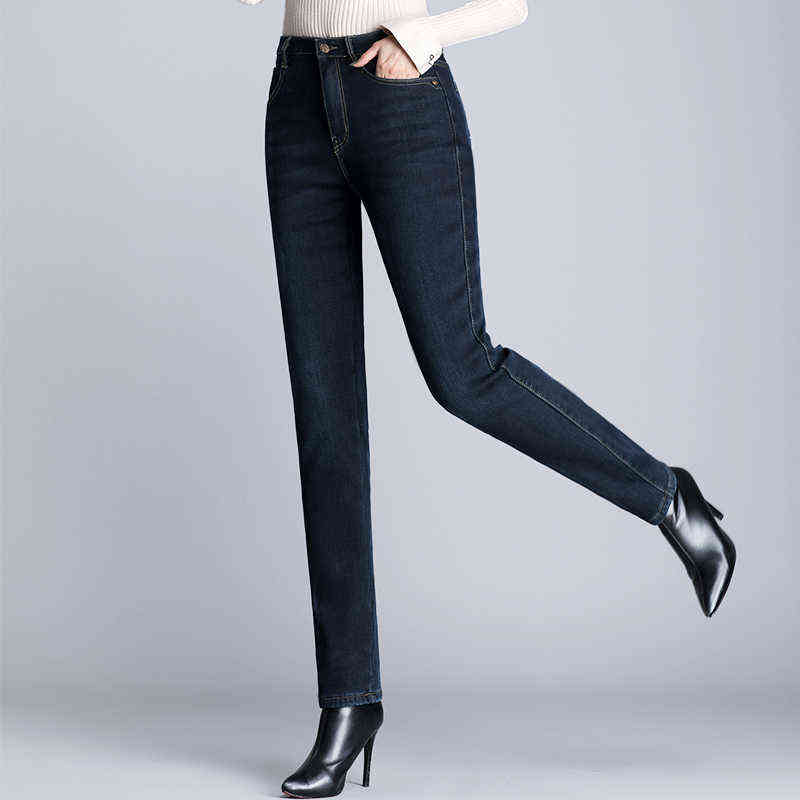 Winter Women's Jeans Velvet Warm Loose Plus Size Denim Straight Mom Woman with High Waist Fleece Black Pants for Women 211129