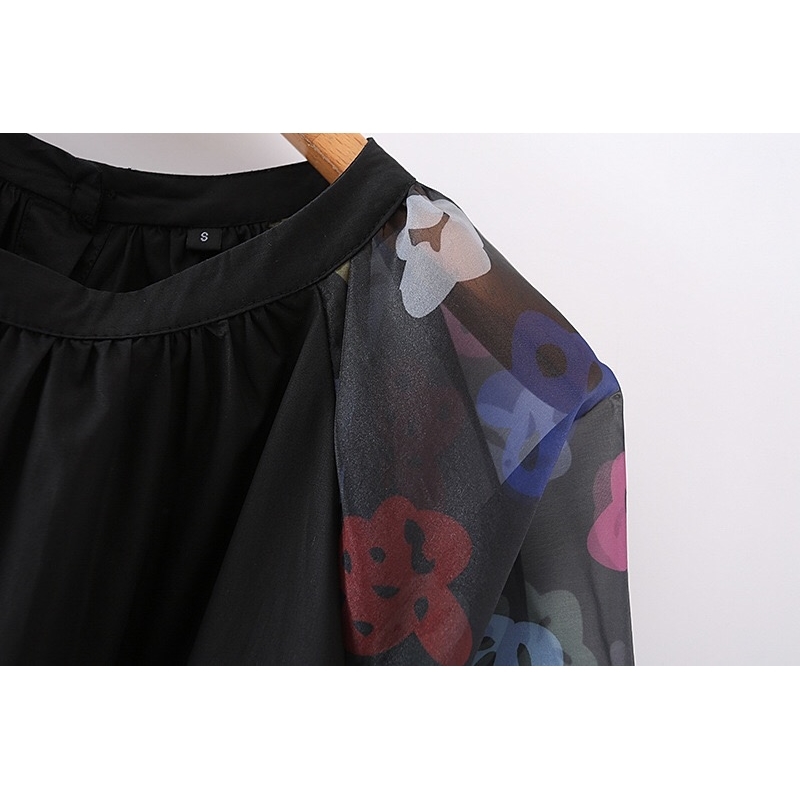 Retro Black Contrast Flower Print Lantern Sleeve Dress Woman Vintage Round Collar Loose Straight Pullover Dresses Holiday 210429