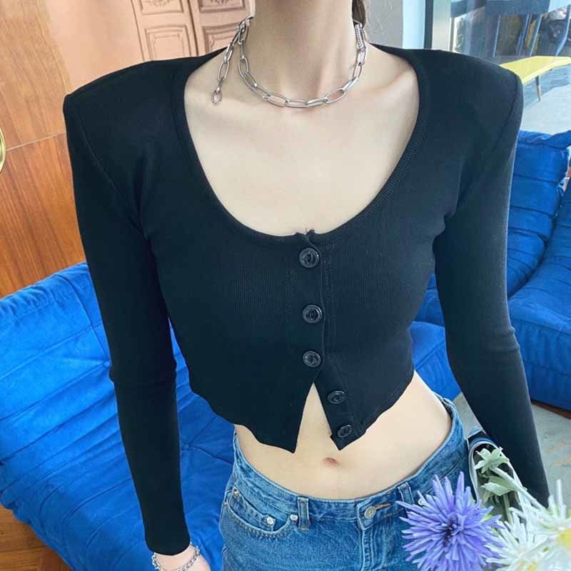 Shoulder Pads Exposed Clavicle O-neck Cardigan Slim Blouses Women Long Sleeve Solid Black Knitted Bottoming Short Tops 11911 210508