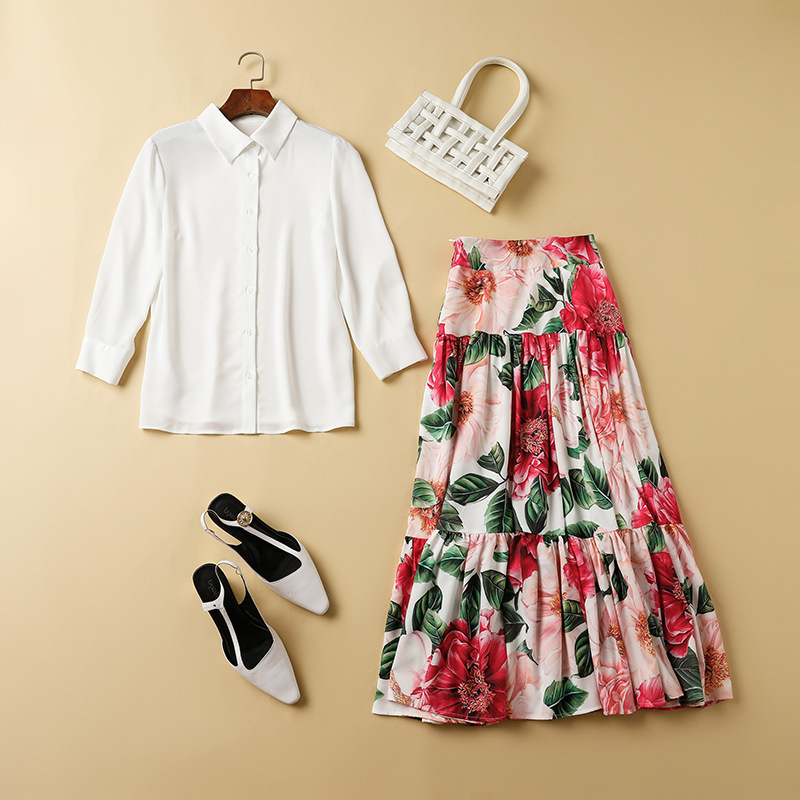 Women's Runway Two Piece Dress Turn Down Collar Long Sleeves White Shirt with Printed Skirt Twinsets