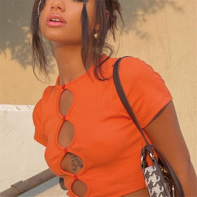 Women' T-Shirt Ladies Summer Round Collar Girls Solid Color Hollow Button Decoration Short Sleeve Slim Midriff-baring Tops, Orange
Women' T-Shirt Ladies Summer Round Collar Girls Solid Color Hollow Button Decoration Short Sleeve Slim Midriff-baring Tops, Orange