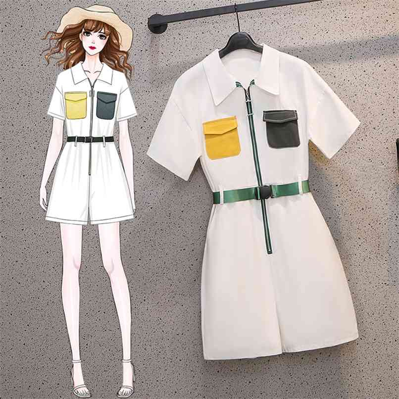 Summer White Cargo Pants Women Lapel Zipper Stitching color Playsuits High waist Plus size Rompers 210602
Summer White Cargo Pants Women Lapel Zipper Stitching color Playsuits High waist Plus size Rompers 210602