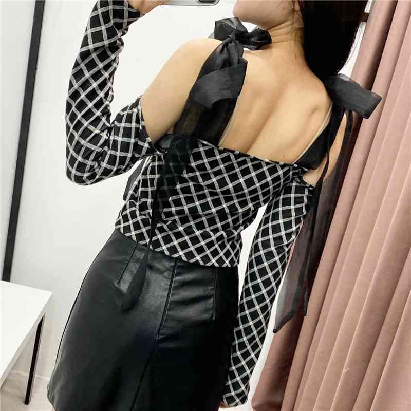 Sexy Women Chic Plaid Knitted Shirts Fashion Ladies Mesh Bow Strap Tops Sweet Female Streetwear Slash Neck Blouses 210430