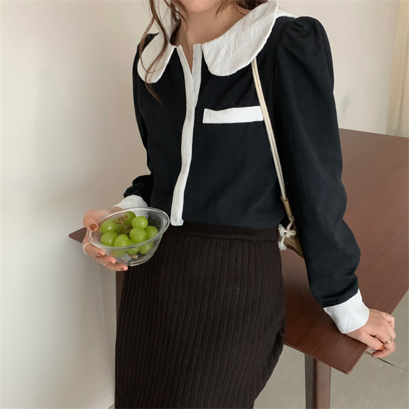 Puff Sleeves Office Lady Color-Hit Female Streetwear Early Spring Chic High Quality Korean All Match Shirts 210421