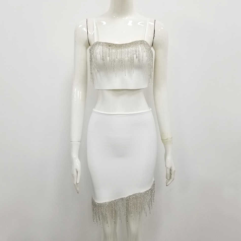 Diamond Tassel Sexy Two-Piece Ladies Summer Party 2-Piece Bodycon Club White Black Bandage Set 210525