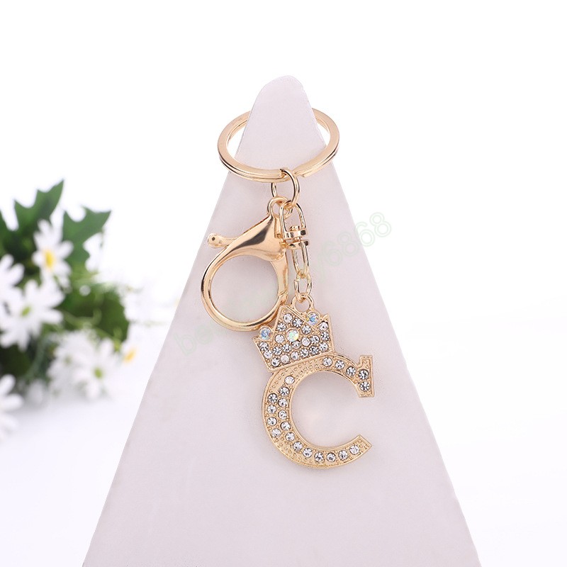 Fashion Shiny Rhinestone Letter Key Rings Gold Color Crown A-Z Initials Keychain Women Bag Hanging Pendant Keyrings