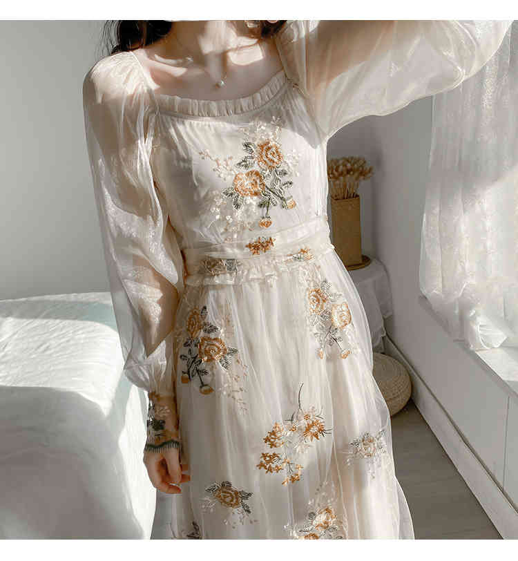 Spring Women French Romantic Floral Embroidery Mesh Midi Dress Elegant Long-Sleeved Chic Feminine Robe 210519