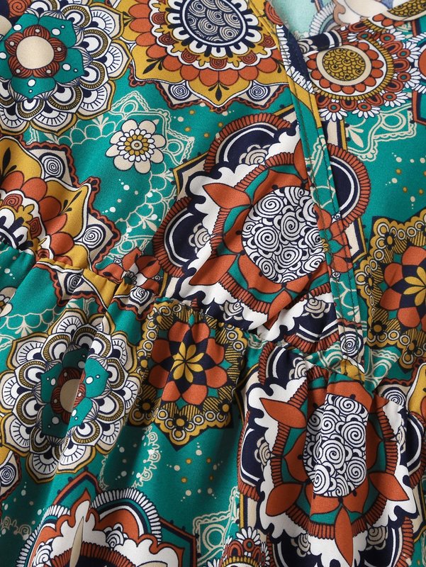 Girls Mandala Print Overlap Collar Ruffle Hem Dress SHE