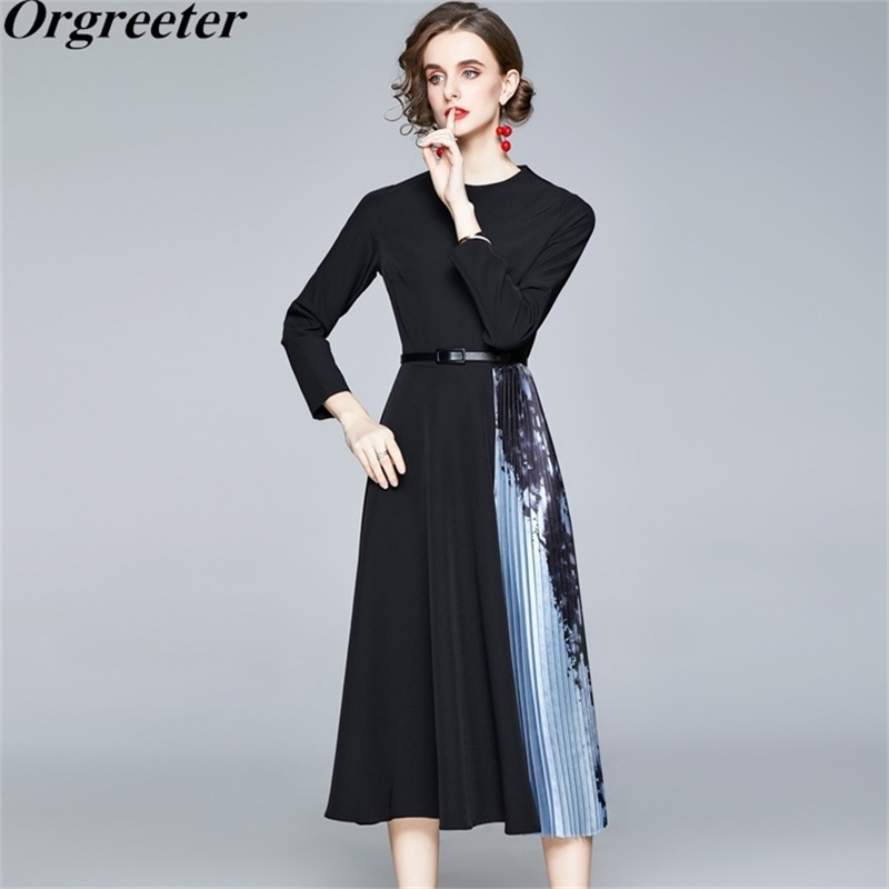 High-end Retro Ink painting Print Pleated Stitching Big swing Long Dress Female Spring Fall OL Work wear 210602, Black
High-end Retro Ink painting Print Pleated Stitching Big swing Long Dress Female Spring Fall OL Work wear 210602, Black