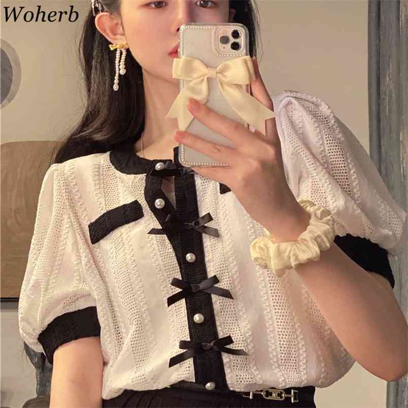 Elegant Lace Hollow Out Blouses Summer Fashion Slim Fit Puff Sleeve Single Breasted Women Shirts Korean Blusas 210519
