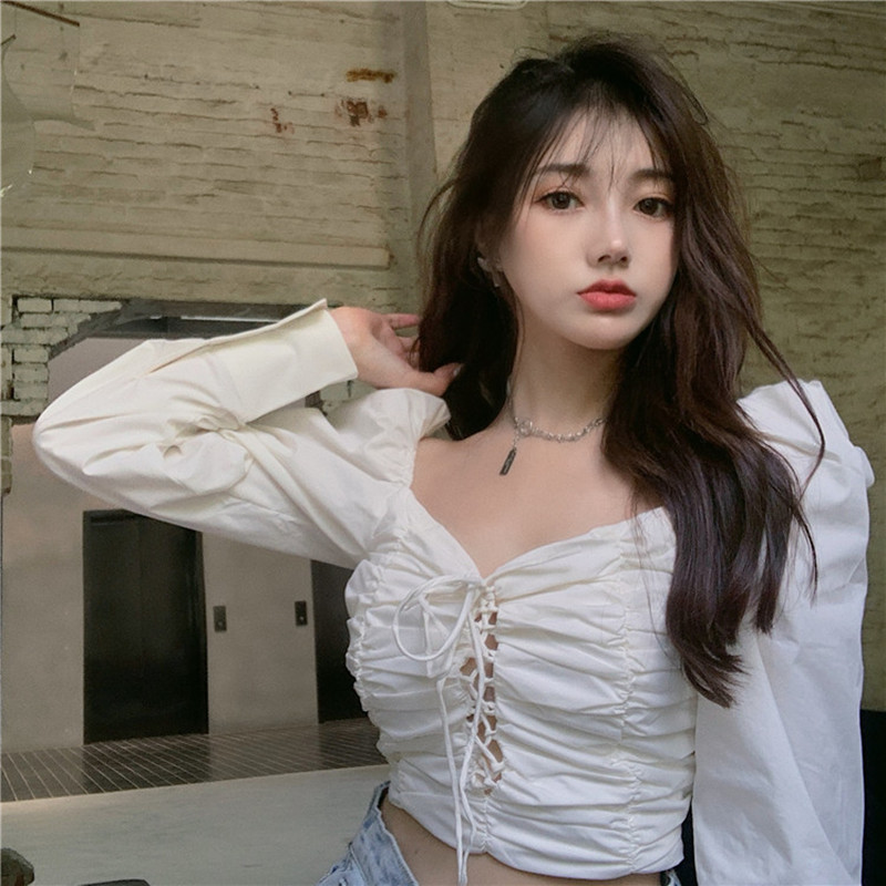Nomikuma Sexy Slim Short Blouse Women Puff Long Sleeve V-neck Shirt Lace Up Korean Spring Blusas Mujer De Moda 6G020 210427