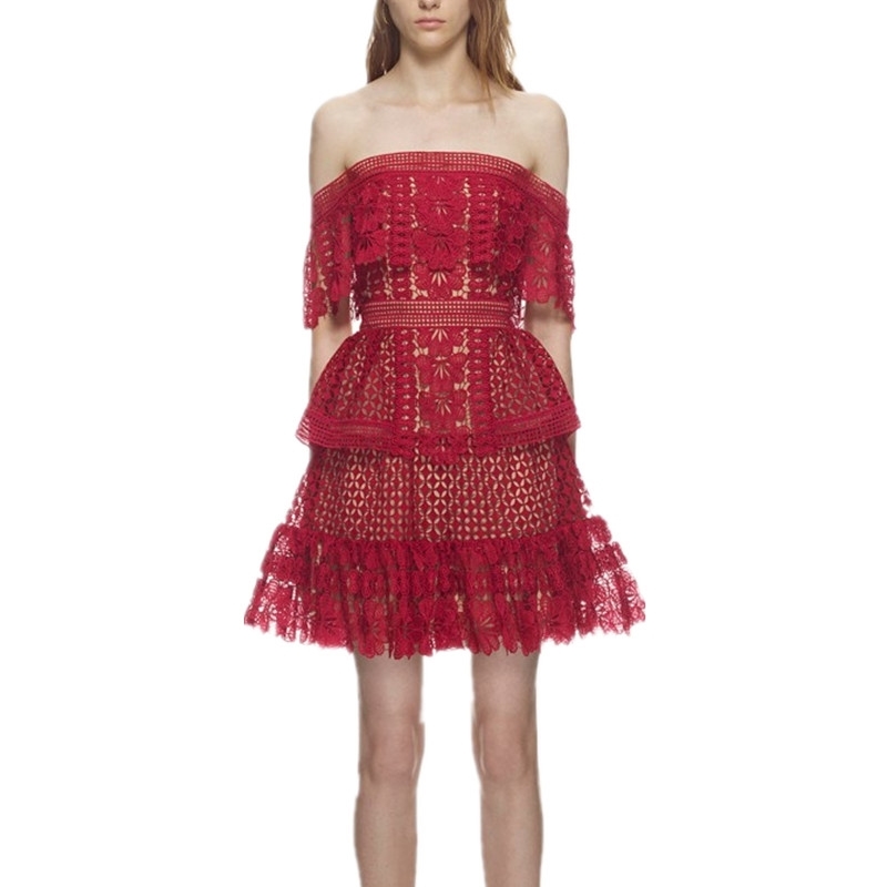 Arrive Lace Hollow Out Sexy Off Shoulder Dress Women Pink And Red Summer Dresses Vestidos 210520