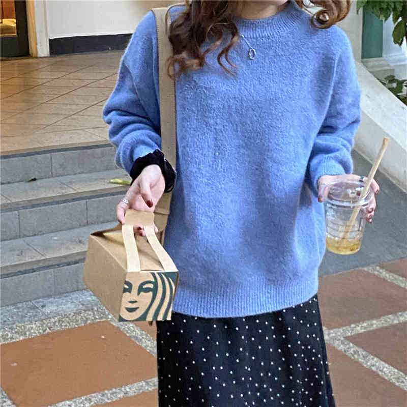 Comelsexy Spring Women Sweaters Thick Tops Pullovers Sweet Lazy Retro Chic O-neck Knitted Solid Elegant Loose Casual 210515