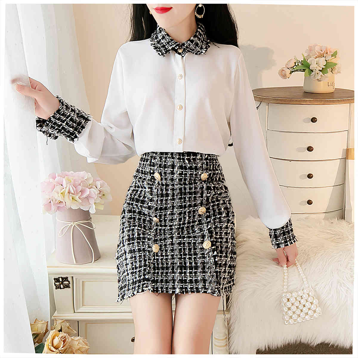 Women Spring Two Piece Set Casual Long Sleeve Fashion White Blouse +Double Breasted Wool Tweed Plaid Skirt Suit 210520