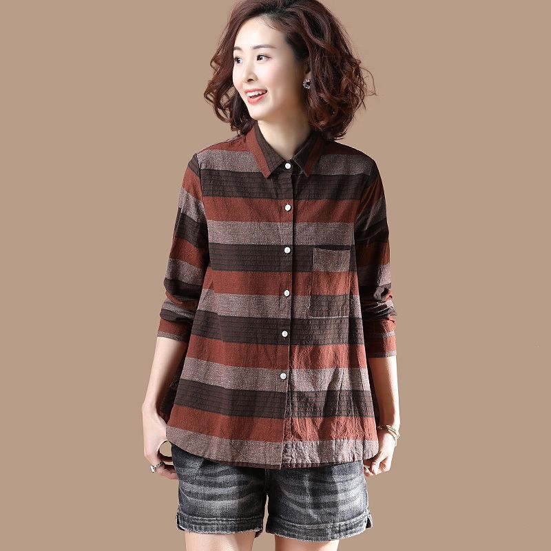 Spring Fashion Women Long Sleeve Shirts Plus Size All-matched Casual Striped Blouse Cotton Female Loose Shirt D 210512