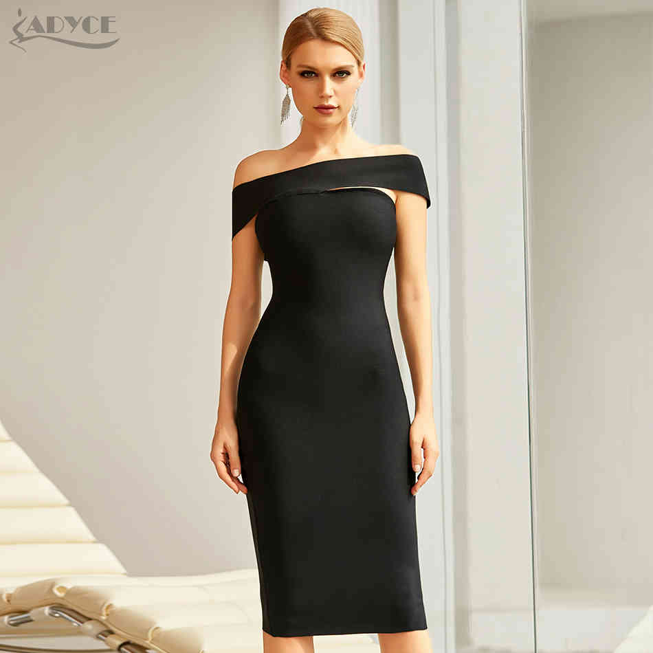 Summer Women Black Off Shoulder Bandage Dress Sexy Short Sleeve Knee Length Celebrity Evening Runway Party 210423