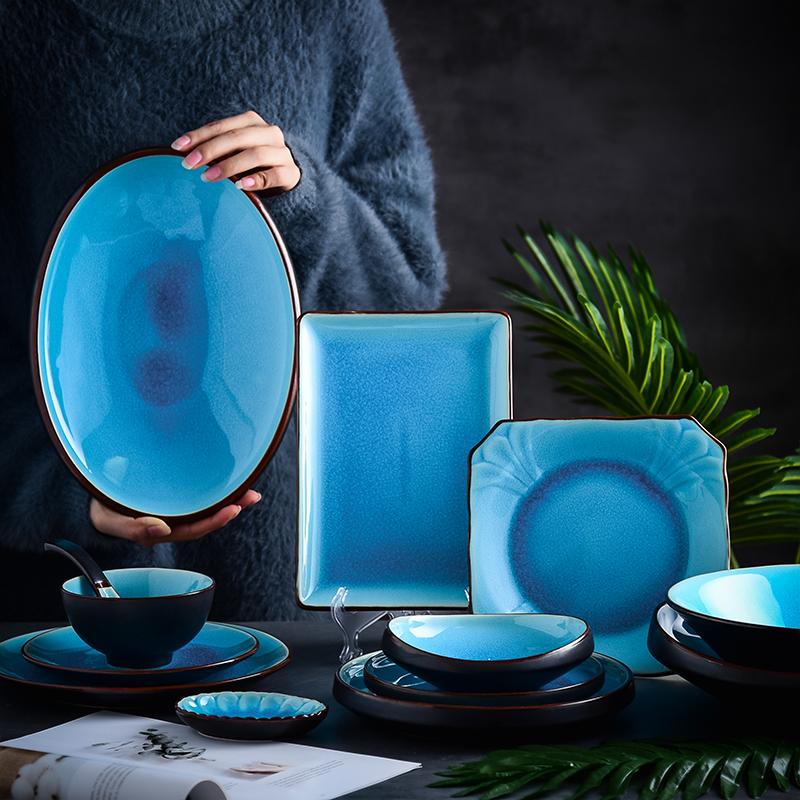 

Dishes & Plates Japanese Blue Ceramic Thick Lips Dinner Plate Salad Bowl Saucer Rectangle Dish Fish Dinnerware Set Wholesale