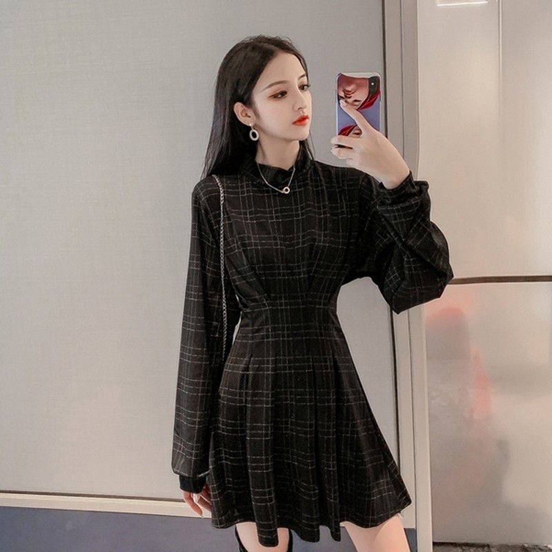 2021 Autumn Vintage Women Fit Silm A-Line Above Knee Plaid Dress Office Lady Stand collar Long Lantern Casual OL Draped Dress, Picture color
2021 Autumn Vintage Women Fit Silm A-Line Above Knee Plaid Dress Office Lady Stand collar Long Lantern Casual OL Draped Dress, Picture color