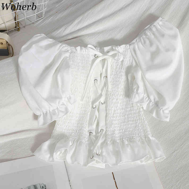 Crop Tops Mujer Ruffles Slash Neck Sexy Blouses Women Cross Lace Up Pleated Shirt Summer Korean Sweet Blusas Female 95439 210519