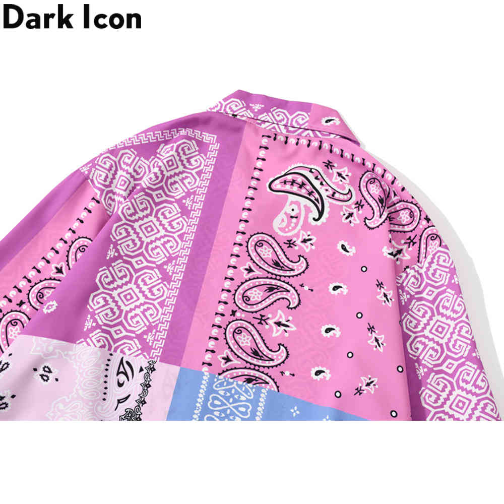 Dark Icon Pink Blue Patchwork Bandana Shirt Men Streetwear Men's Shirts Long Sleeve Male Tops 210410