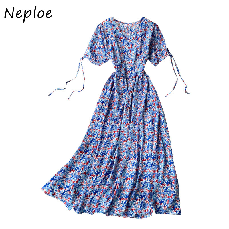 Sexy V-neck Lace Up Femme Vestidos Summer Flower Print A-line Dresses Women Fashion High Waist Big Swing Dress 210422Z