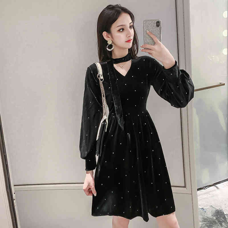 Autumn Velvet Spring Girls Female Vintage Dress Long Sleeve Oversize Women Dresses Black sexy Boho Robe Vestido 210417Z