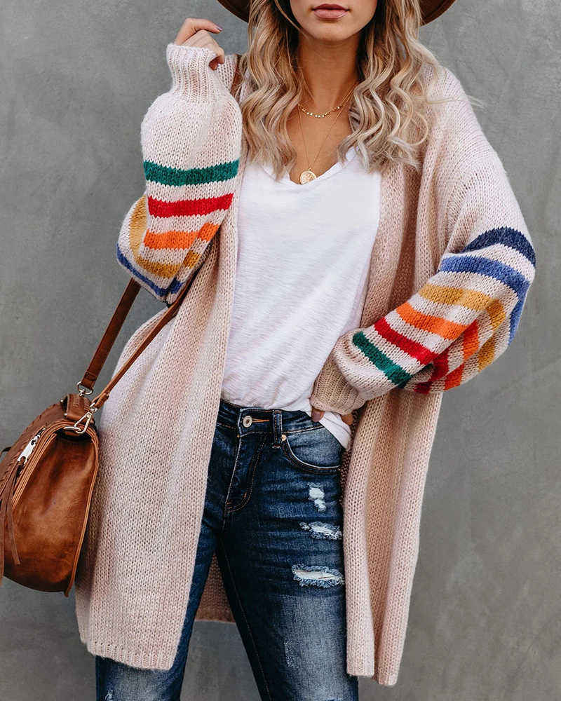 Fitshinling Rainbow Striped Boho Cardigan Winter Long Coat Female Knitwear Pink Slim Sweaters Cardigans For Women Clothes 210812