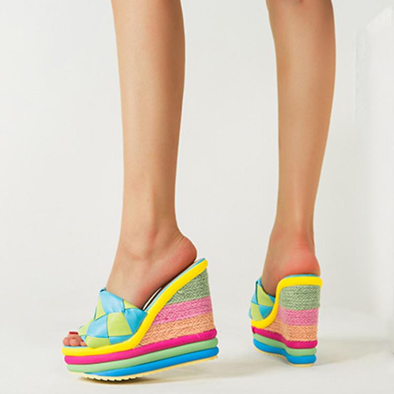 Sandals 2021 Summer Platform Wedge For Women's With Lovely Ainbow Color Weave Fish Mouth High Heels Shoes