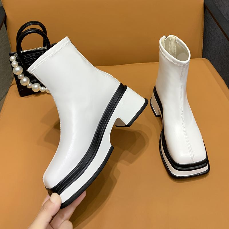 Boots Classic 6 Cm Thick Heels Bare Platform Women 2021 Autumn Fashion Square Toe Back Zip Office Ladies Boot High Quality