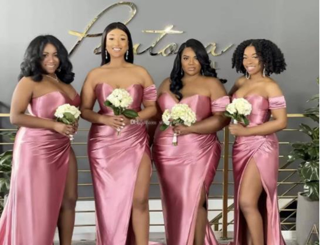 Rose Pale Pink Mermaid Bridesmaid Dresses Sexy High Slit African Black Girls Junior Maid of Honor Dresses for weddings plus size