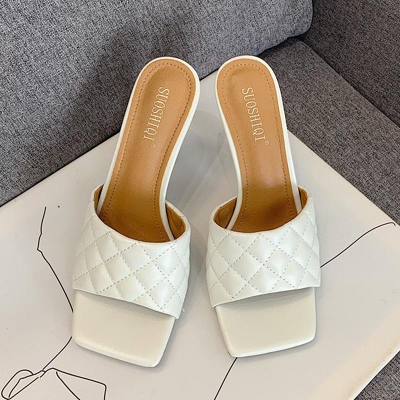 Slippers 2021 Summer Luxury Designer Women Purple Blue Red High Heels Slide Sexy Plaid Mules Open Toe Lady Party Shoes