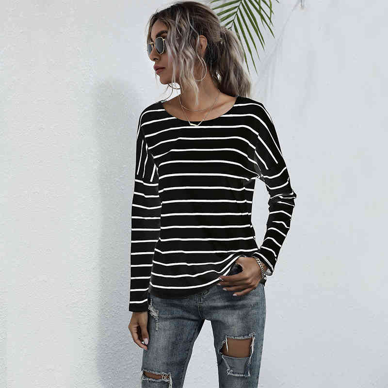 Basic Striped T Shirt Women Casual O Neck Full Sleeve Pullover Top Spring Bottoming T Shirt For Women New 210413