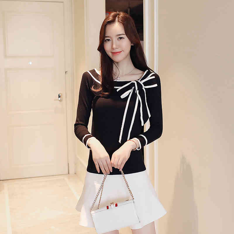 Women Knitted Shirts Bow Blouse Spring Bottoming Shirt Elegant Fashion Black Long Sleeve Blouses Blusas Mujer Ladies Tops 8024 210506