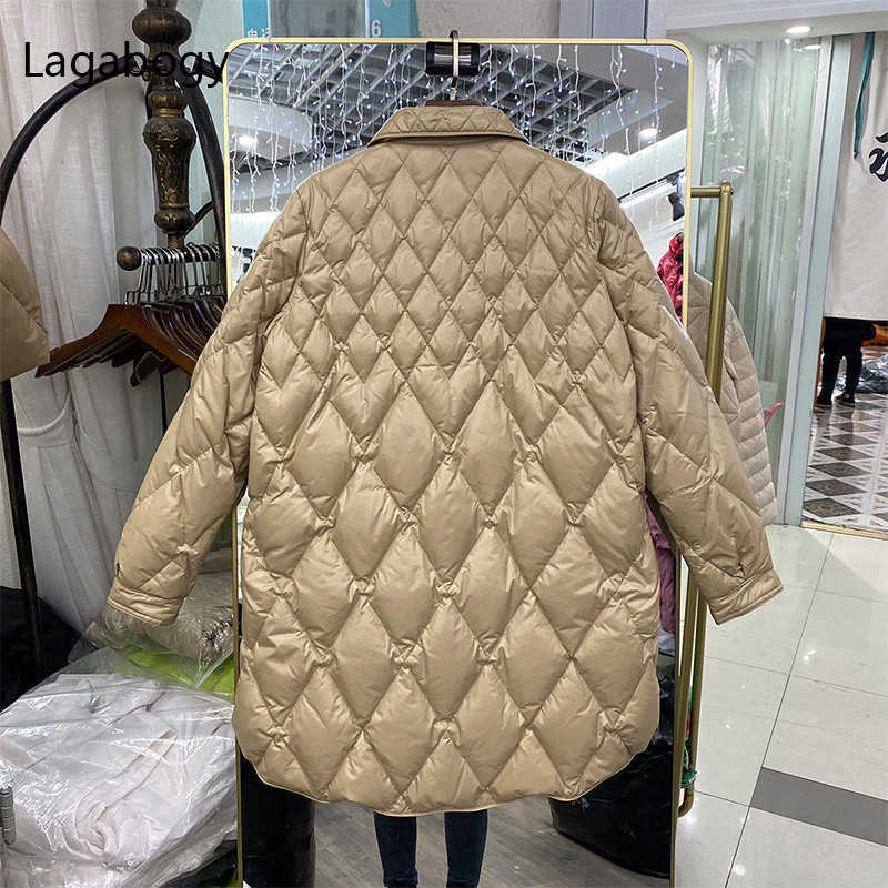 Lagabogy Winter Ultra Light 90% White Duck Down Coat Long Sleeve Warm Parka Female Casual Single Breasted Puffer Jacket 211018